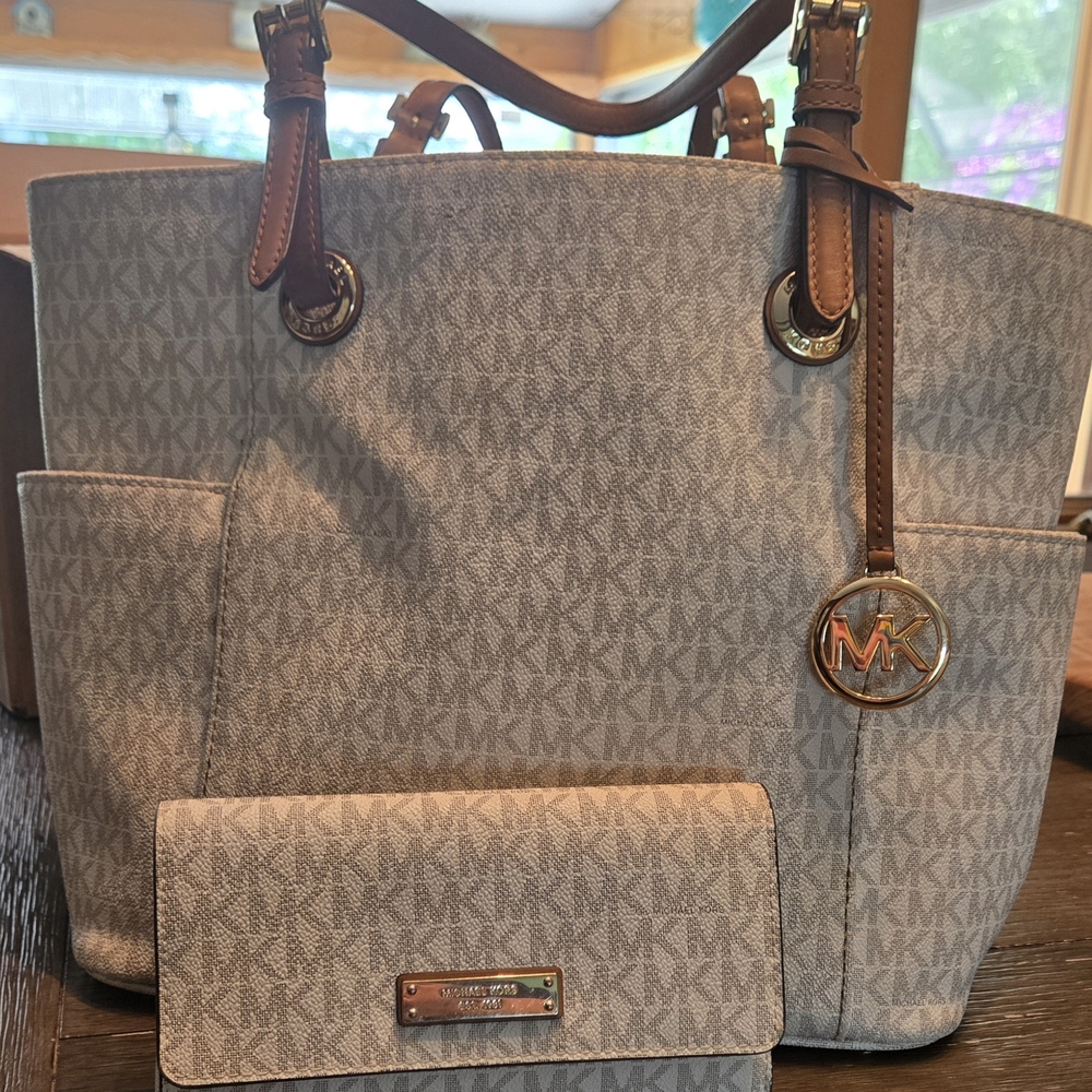 Michael Kors Gray and Brown Totes with Leather Handles and Matching Wallet